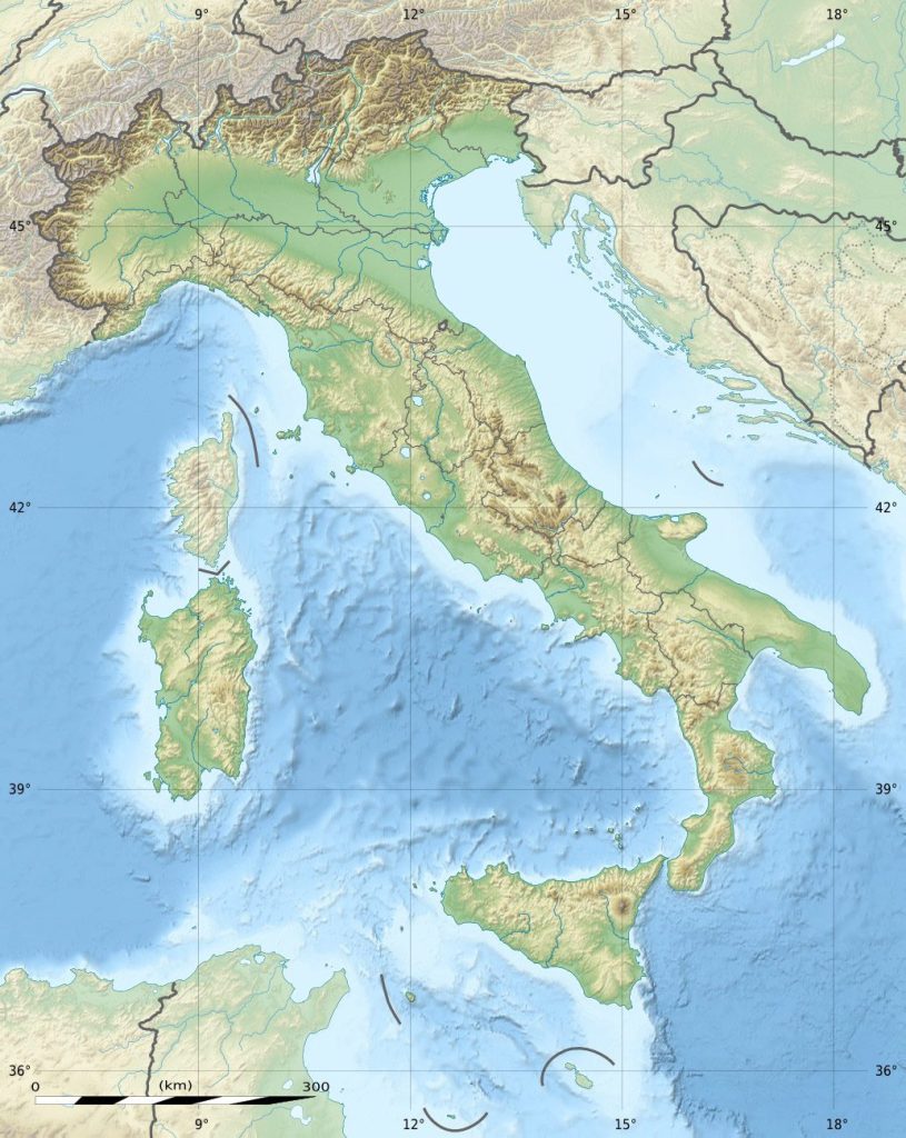 Map of Italy's topography featuring Helipaddy helicopter landing locations.