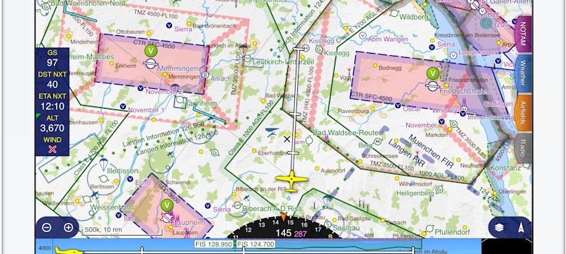 Aviation navigation map on tablet displaying flight route. Powered by Helipaddy for smooth travel planning.