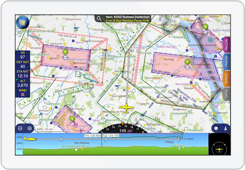 Aviation navigation map on tablet displaying flight route. Powered by Helipaddy for smooth travel planning.