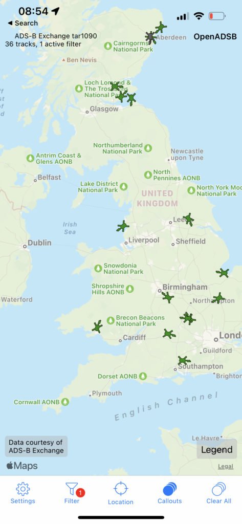 Screenshot from the OpenADSB IOS app