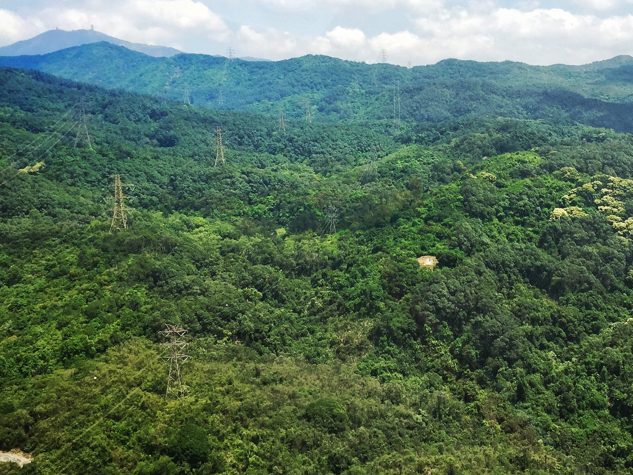 Helicopter flying over forest with electricity pylons 