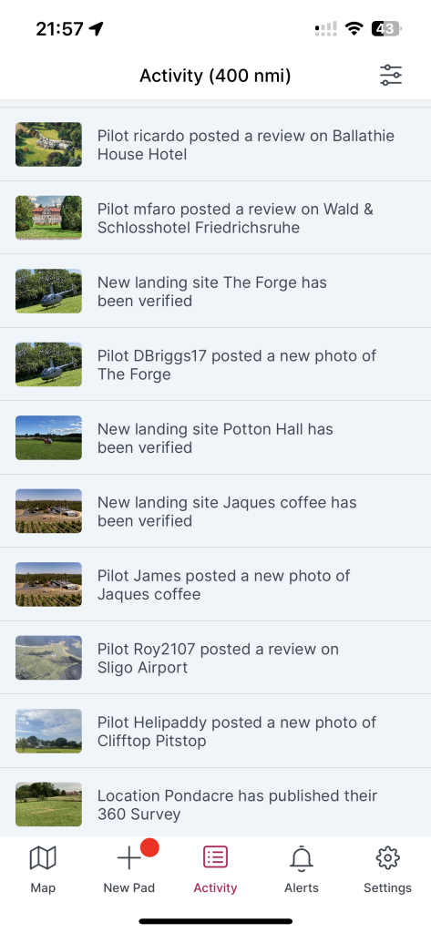 Helipaddy pilot activity feed screenshot