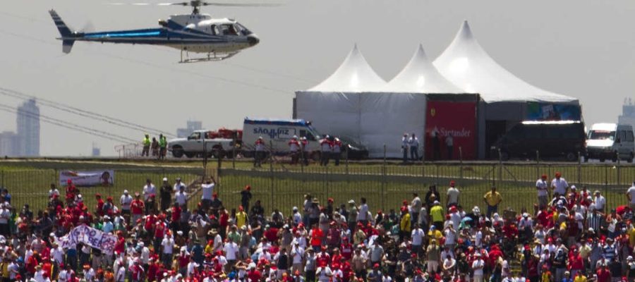 A helicopter carries VIPs to the Brazilian Grand Prix in Sao Paulo in 2010. Politicians taking expensive helicopters and government planes have generated controversy in Brazil.