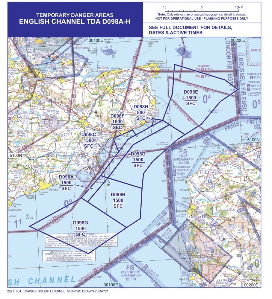 Map showing Temporary Danger Areas in English Channel; Helipaddy aviation planning.