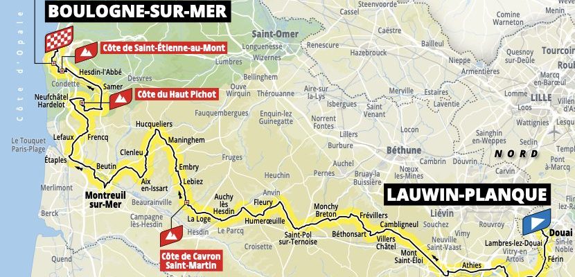 Map of cycling route from Boulogne-sur-Mer to Lauwin-Planque, France. Discover with Helipaddy.