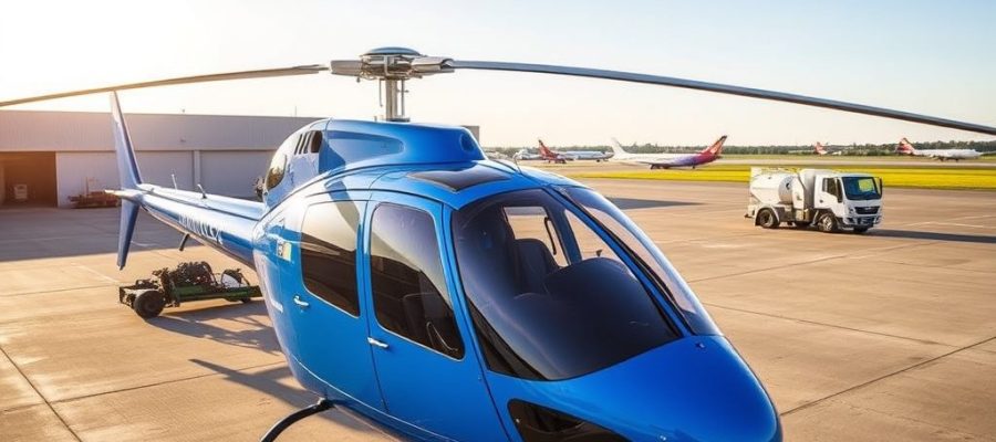 Blue helicopter on tarmac, clear sky, associated with Helipaddy landing info app.