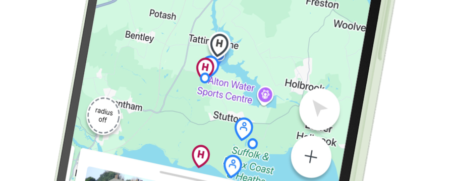 Helipaddy app displaying a map for helicopter landing sites with a focus on Tattingstone Place.