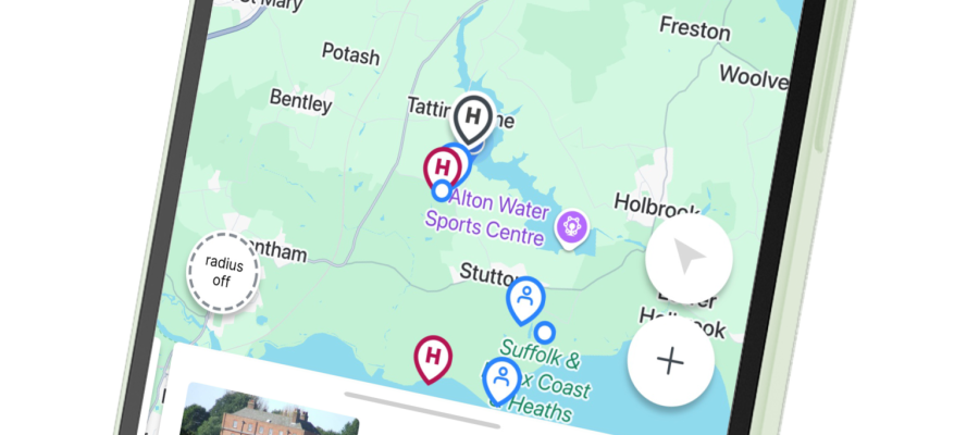 Helipaddy app displaying a map for helicopter landing sites with a focus on Tattingstone Place.