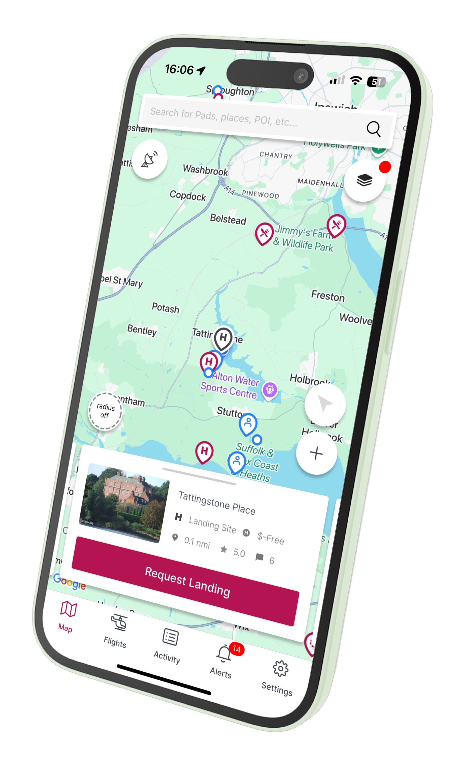 Helipaddy app displaying a map for helicopter landing sites with a focus on Tattingstone Place.
