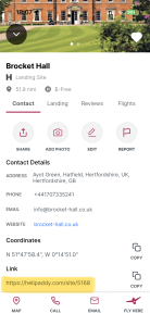 Brocket Hall landing site details on Helipaddy app, including address and contact info.