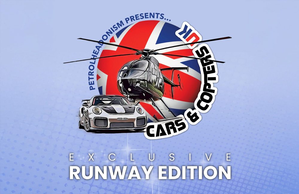 Helipaddy Cars & Copters: Exclusive Runway Edition event logo with UK flag and luxury car, helicopter images.