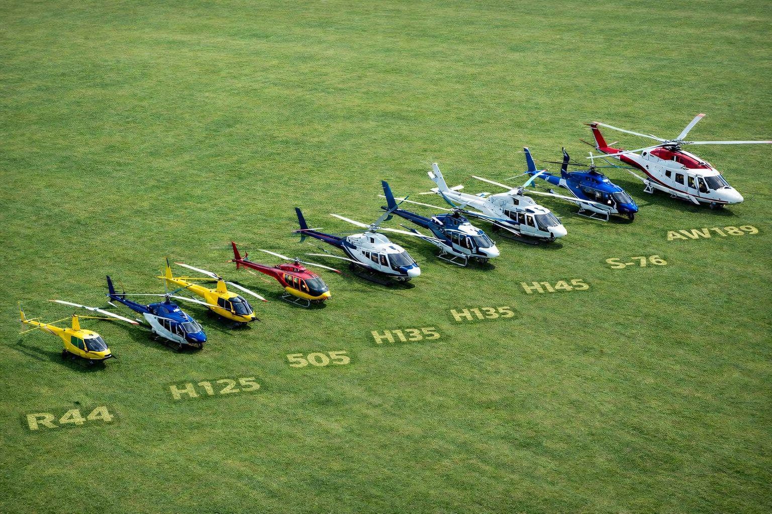 Helicopters lineup on grass with models R44 to AW189, featured on Helipaddy for aviation enthusiasts.