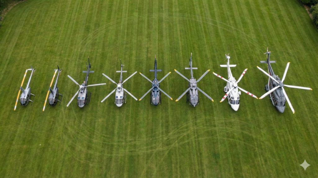 Helipaddy: Eight helicopters aligned on a grassy field, showcasing diverse rotors and designs from an aerial view.