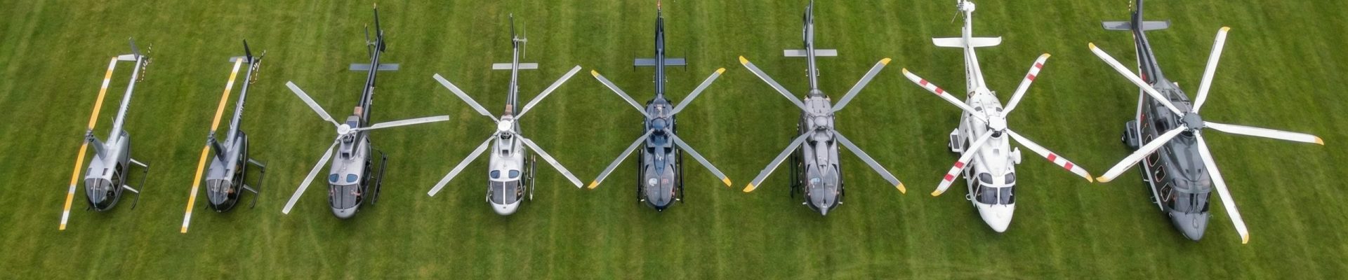 Helipaddy: Eight helicopters aligned on a grassy field, showcasing diverse rotors and designs from an aerial view.