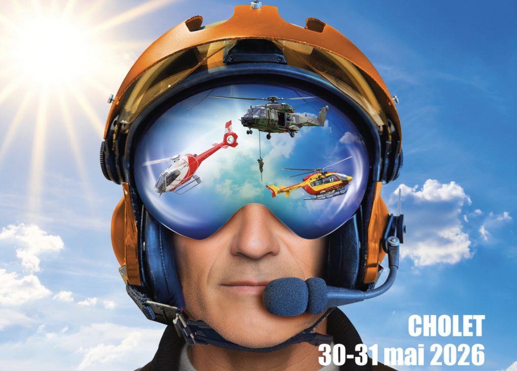 Helicopter pilot helmet reflects flying helicopters, promoting Helipaddy event at Cholet, May 30-31, 2026.