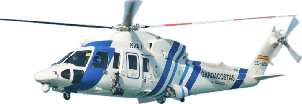 Rescue helicopter in flight with Helipaddy livery and Spain’s flag, showcasing aerial capabilities.