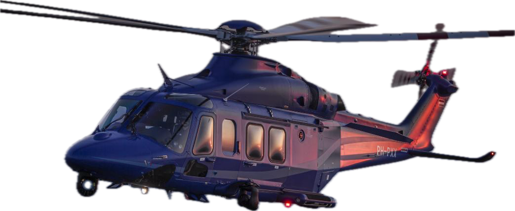 Blue helicopter airborne, associated with Helipaddy aviation services, flying against a clear sky.