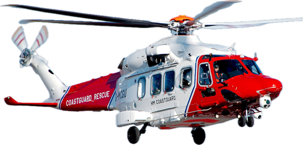 Coastguard helicopter in flight, featured on Helipaddy, a platform for helipad locations worldwide.