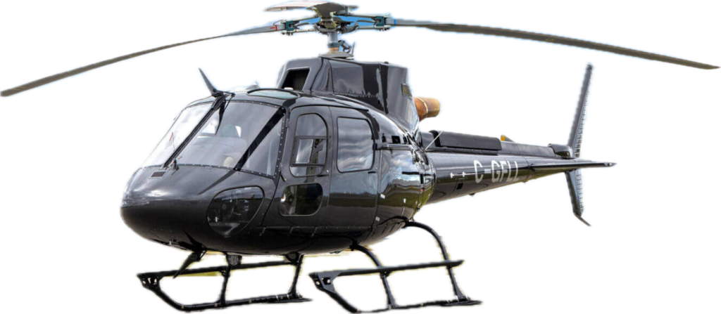 Black helicopter in flight, showcasing Helipaddy's advanced landing site solutions.