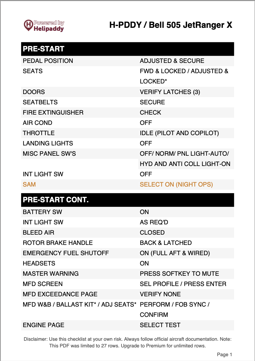 Helipaddy Bell 505 JetRanger X pre-start checklist for pilots. Ensure safe and efficient helicopter operation.