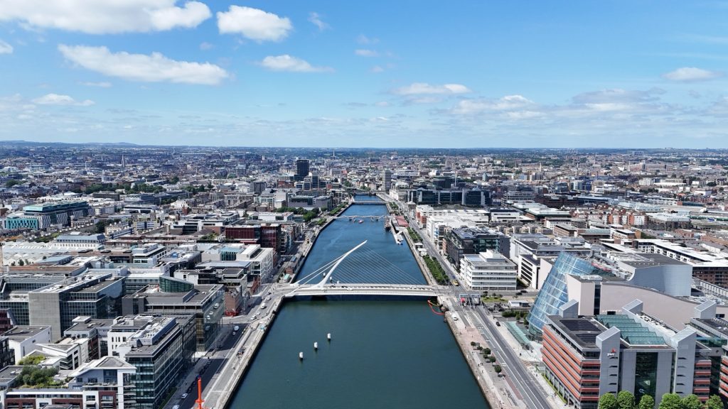 Aerial view of Dublin city from above, suitable for helicopter arrival context.