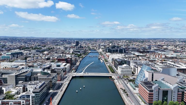 Aerial view of Dublin city from above, suitable for helicopter arrival context.