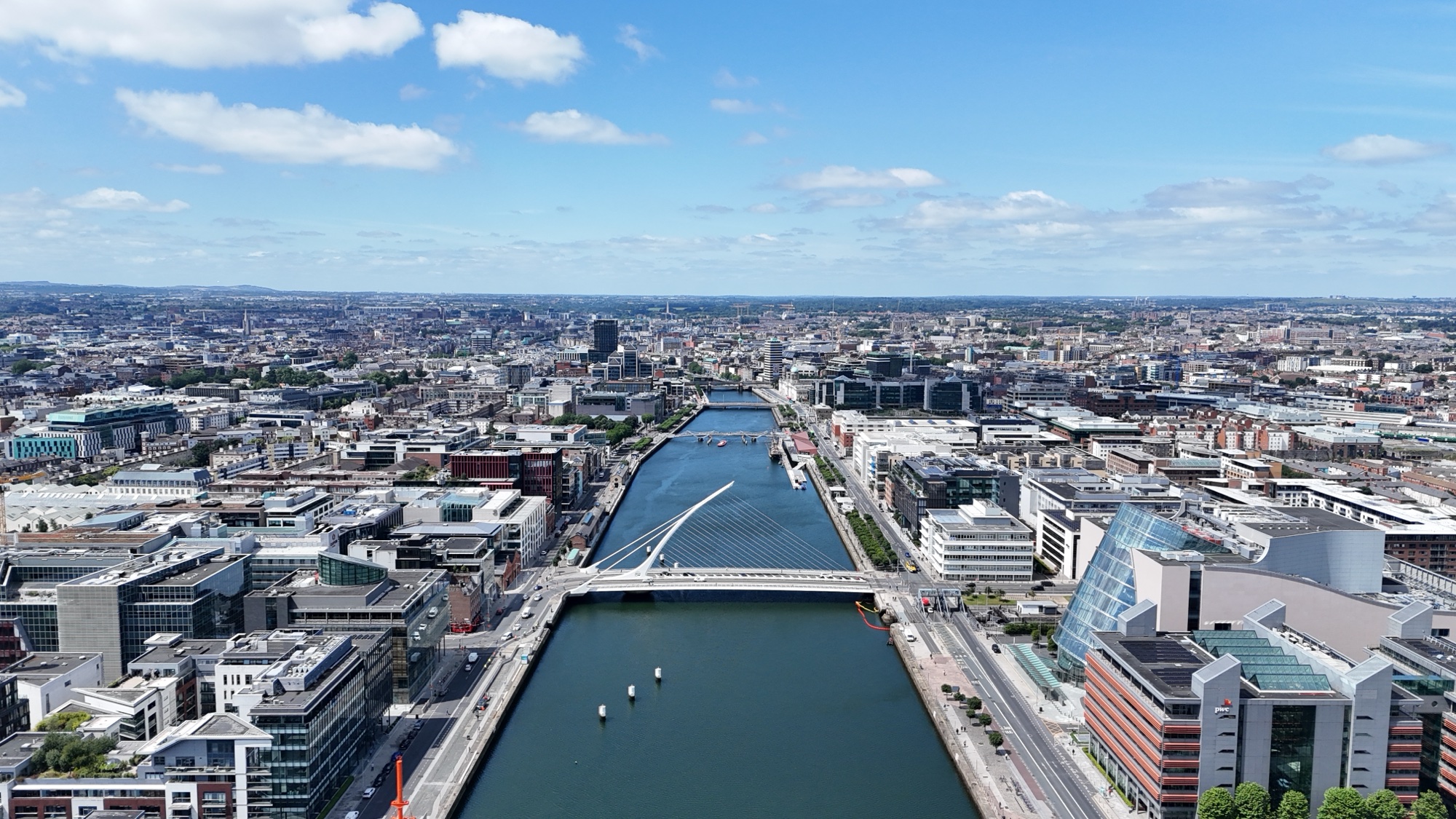Aerial view of Dublin city from above, suitable for helicopter arrival context.
