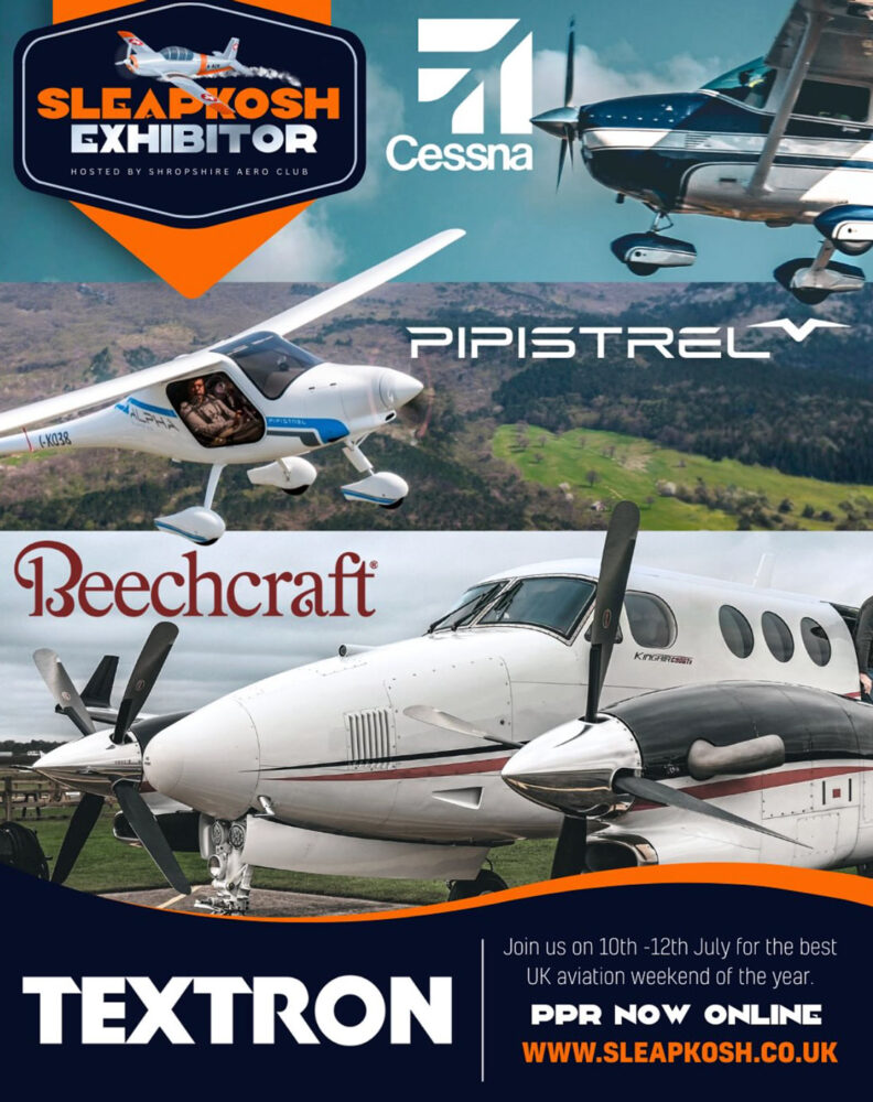 SleapKosh aviation event with Cessna, Pipistrel, Beechcraft, text reads: Join via Helipaddy. PPR at sleapkosh.co.uk.