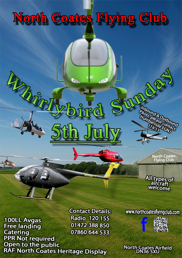 North Coates Flying Club Whirlybird Sunday event on 5th July with Helipaddy, showcasing various helicopters in flight.