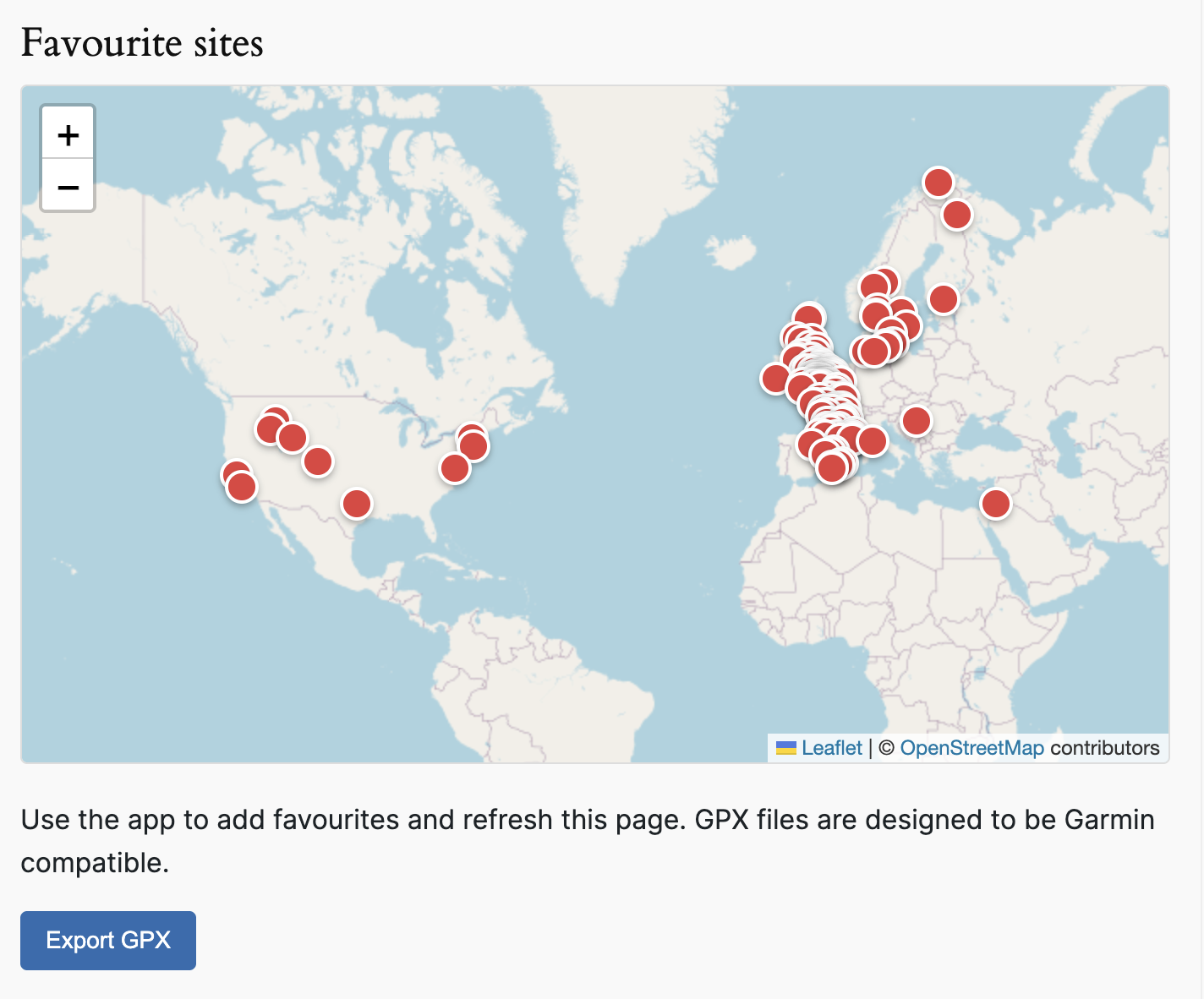 Helipaddy favourites map showing saved landing sites and the Export GPX button below the map.