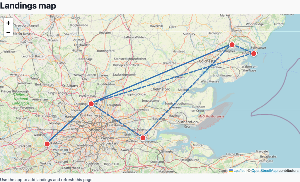 Blog-safe Helipaddy /me landings map mock showing sample recent flight legs and landings using demo data.