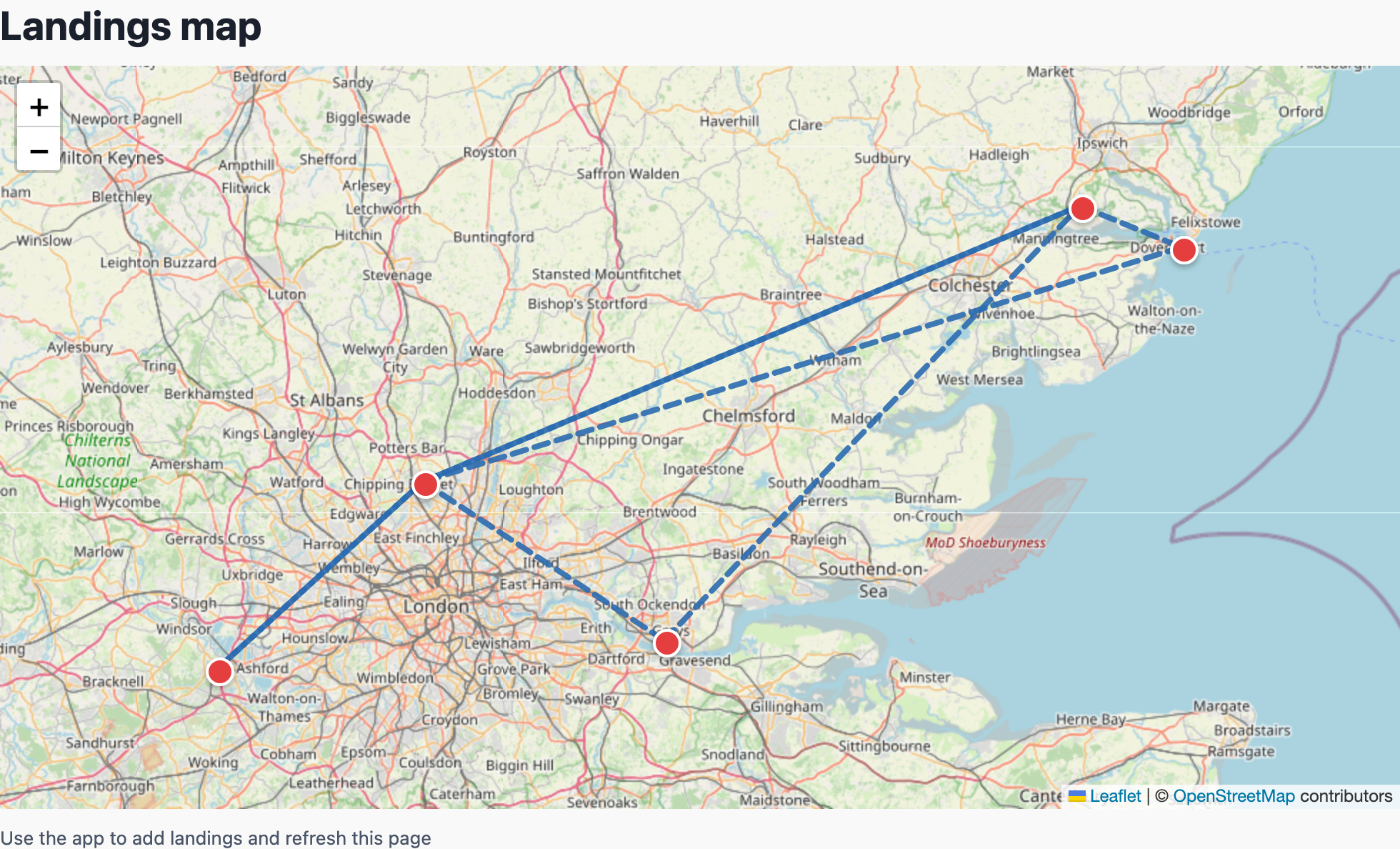 Blog-safe Helipaddy /me landings map mock showing sample recent flight legs and landings using demo data.