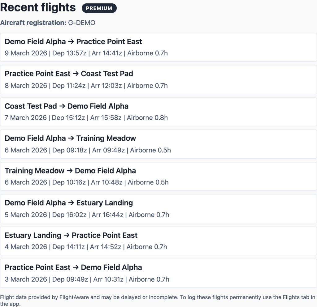 Blog-safe mock of the Helipaddy /me recent flights list using demo aircraft G-DEMO and sample routes.