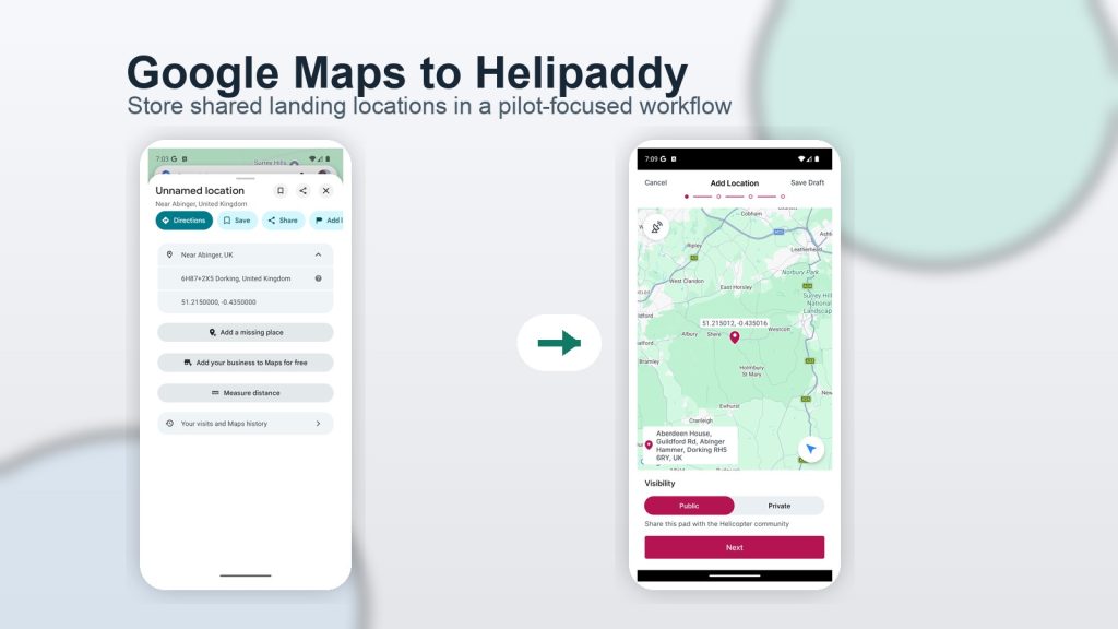 Featured image showing a Google Maps dropped-pin Plus Code flow into Helipaddy Add Location