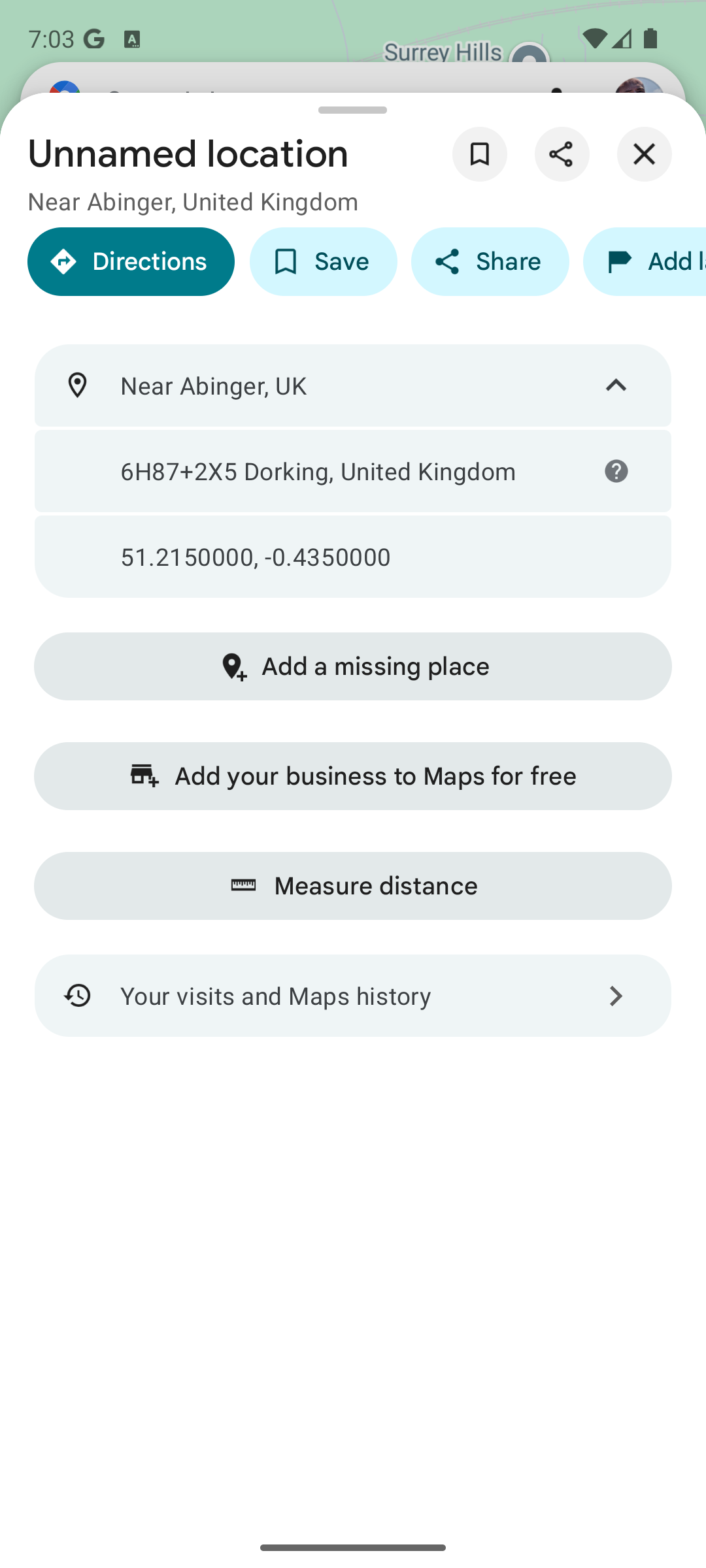 Google Maps unnamed location with the Plus Code visible in the expanded details row