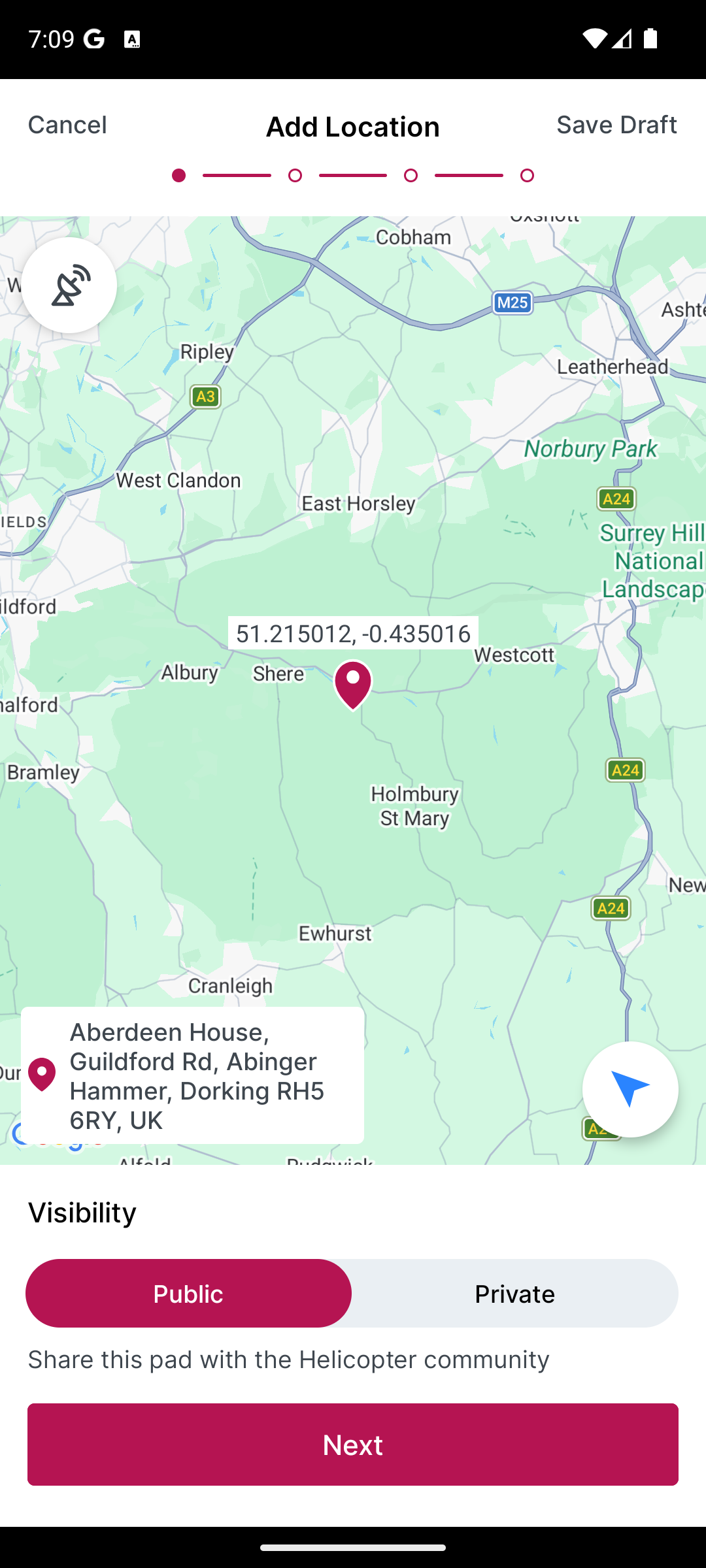 Helipaddy Add Location screen with coordinates and address prefilled after tapping the add button
