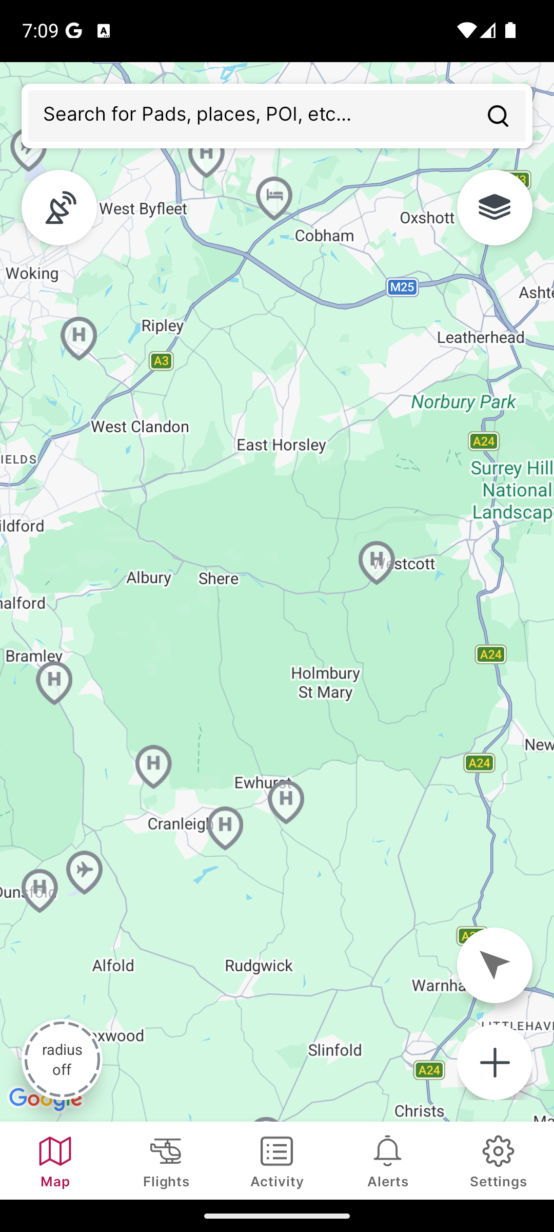 Helipaddy map centred on the searched Google Maps location with the add button visible