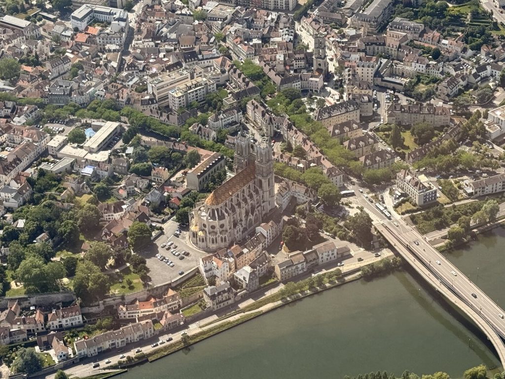 Aerial view over Bourges during the return route through France