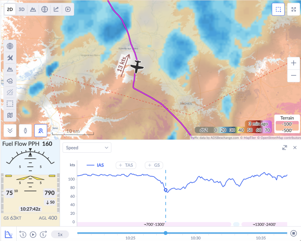 Flight track and weather view around Troyes in northern France