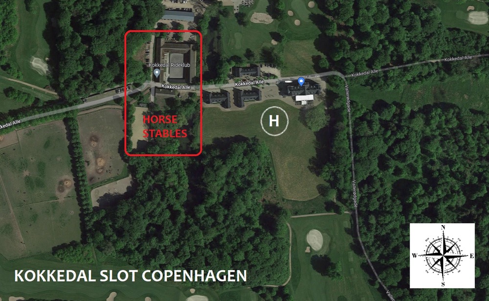 Kokkedal’s owner-supplied diagram highlights the horse stables. Confirm current landing instructions with the hotel.