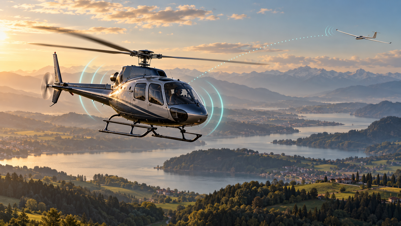 Illustration of a helicopter above European countryside, with stylised conspicuity signals and a distant glider.